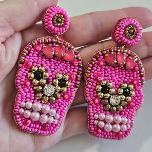 Sugar Skull Pink Sead Beaded Statement Earrings Dangling Cute Skull Feminine